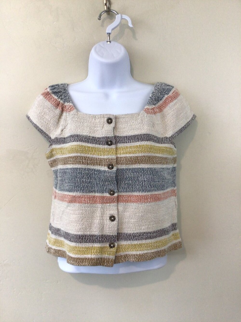 Texture and Thread Striped Thick Cropped Button Down Short Sleeve Shirt